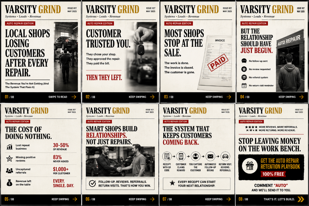 Auto repair newspaper-style 8-slide Instagram carousel about local shops losing customers after every repair, ending in a 'Comment AUTO' lead-capture call-to-action.