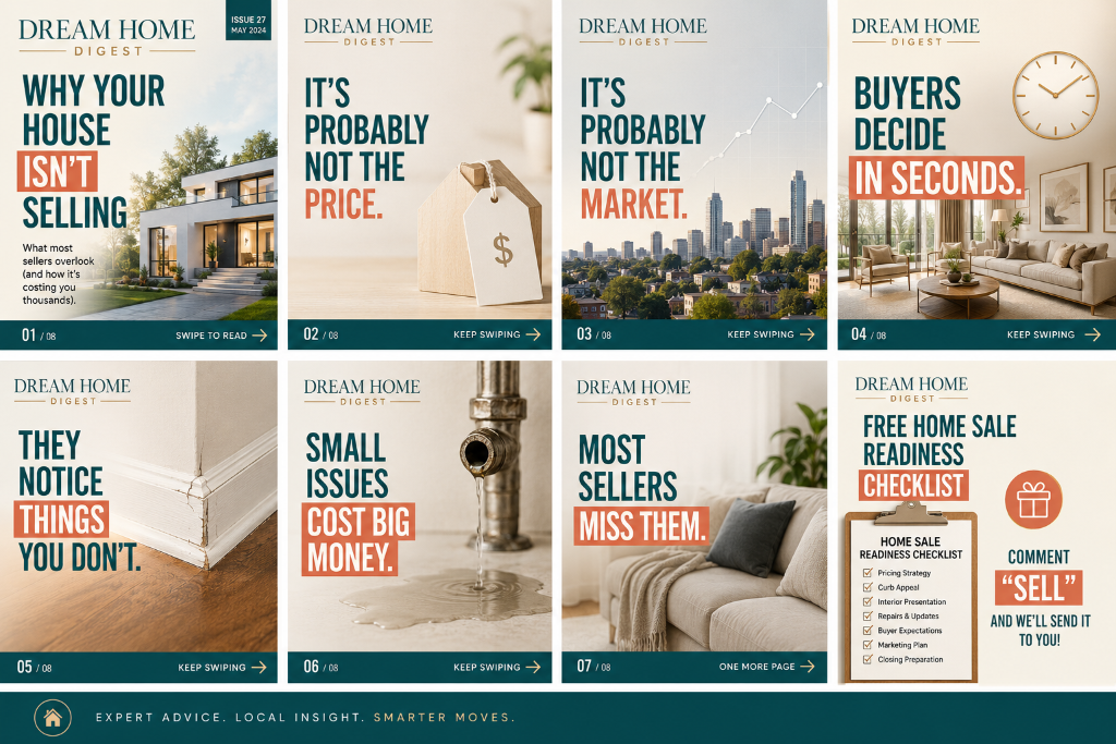 Real-estate themed 8-slide Instagram carousel titled 'Dream Home Digest' covering why a house isn't selling, ending in a free Home Sale Readiness Checklist offer.