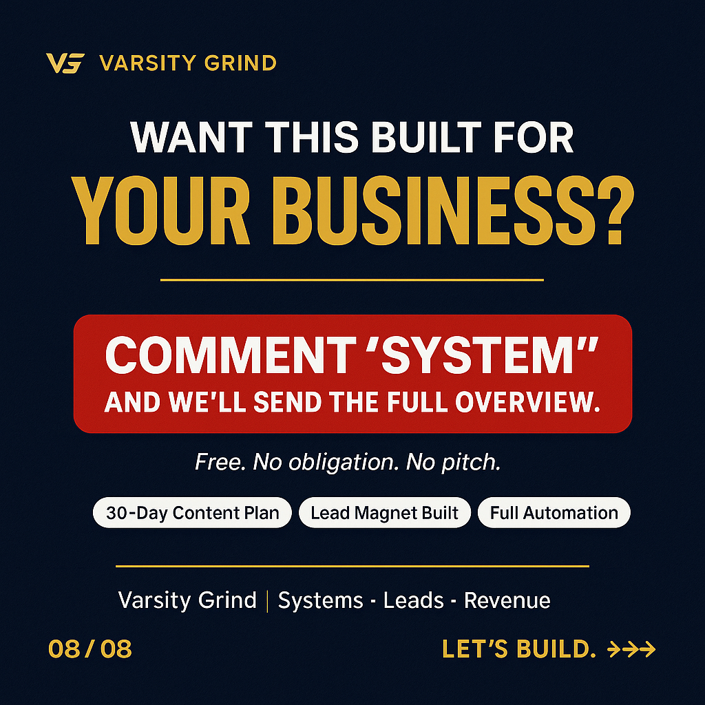 Branded Instagram closing slide that reads 'Want this built for your business? Comment SYSTEM and we'll send the full overview' with feature pills below.