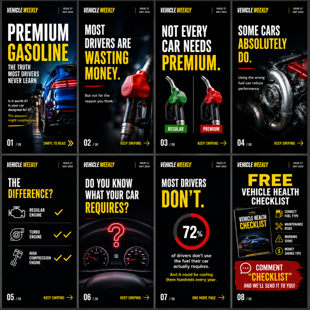 Magazine-style Instagram carousel titled 'Premium Gasoline — the truth most drivers never learn' with editorial photography and a free Vehicle Health Checklist offer on the final slide.
